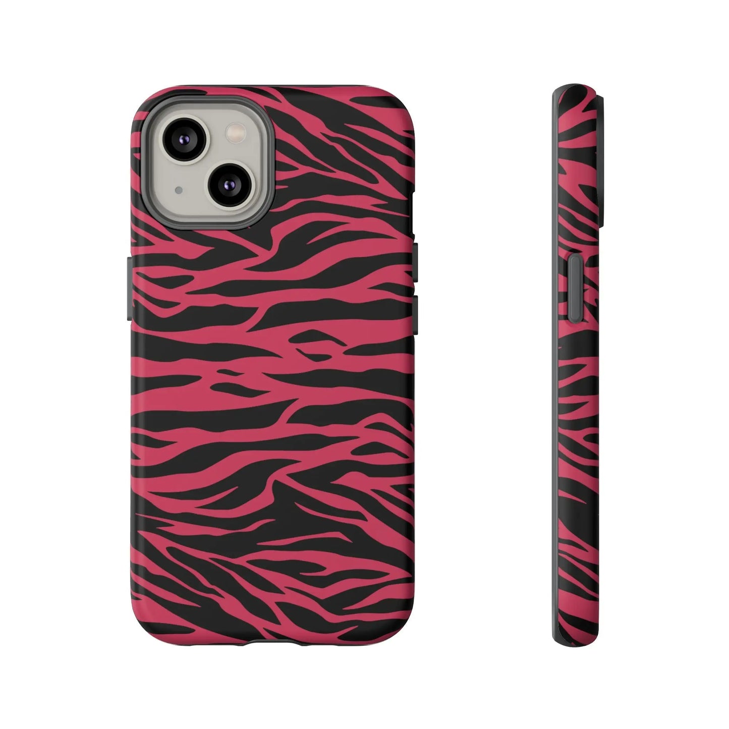 Magenta wild tiger pattern print phone case featuring pink and black zebra-print design on the back side