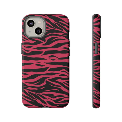 Magenta wild tiger pattern print phone case featuring pink and black zebra-print design on the back side