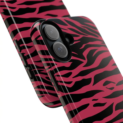 Magenta wild tiger phone case with vibrant pink and black glossy wild tiger pattern print on the back side