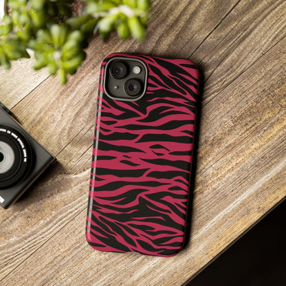 Magenta wild tiger pattern print phone case features a vibrant pink and black zebra-striped protective back design