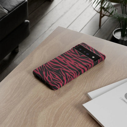 Magenta wild tiger pattern print phone case with vibrant pink and black zebra stripes and a sleek glossy finish back side