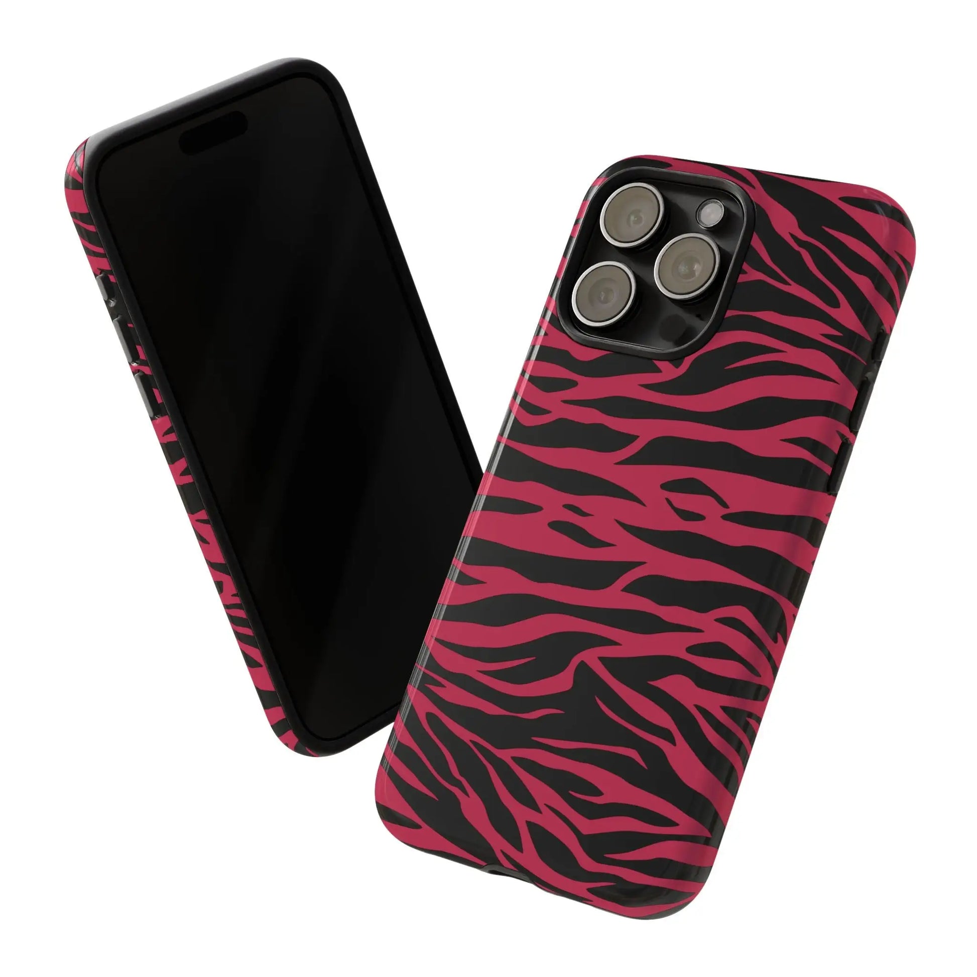 Back view of a glossy magenta wild tiger pattern print phone case with vibrant pink and black zebra stripes for iphone