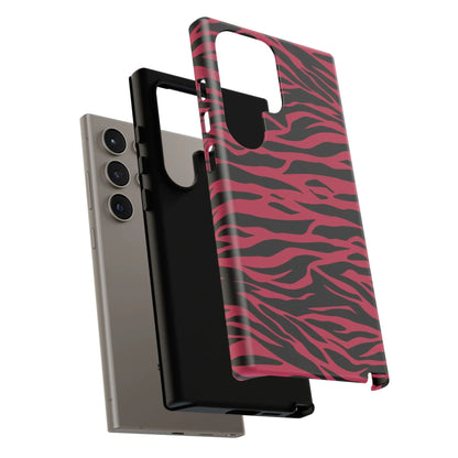 Back side of magenta wild tiger phone case with pink and black wild tiger pattern print and glossy finish