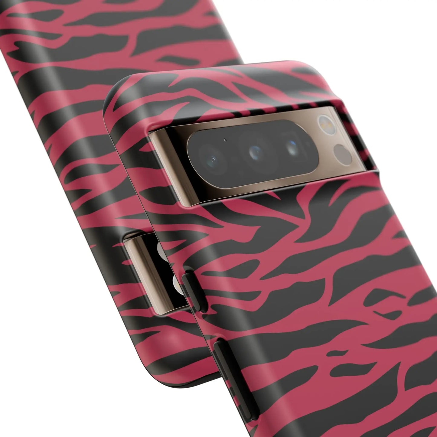 Back side of a pink and black zebra-print phone case with a sleek glossy finish featuring magenta wild tiger pattern print