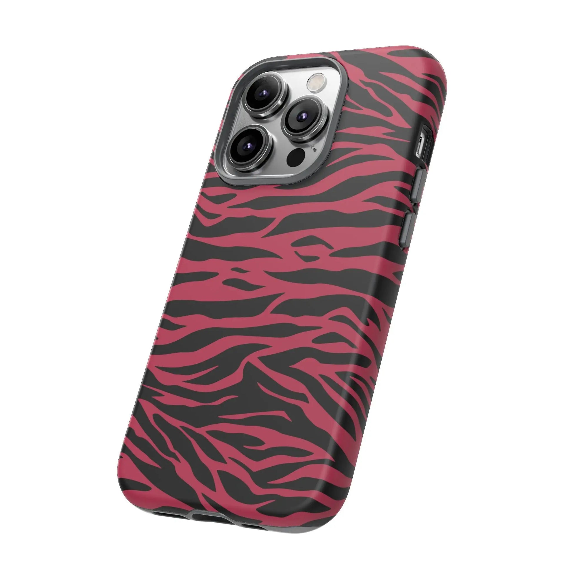 Back side of a sleek protective phone case with vibrant magenta wild tiger pattern print in pink and black zebra stripes