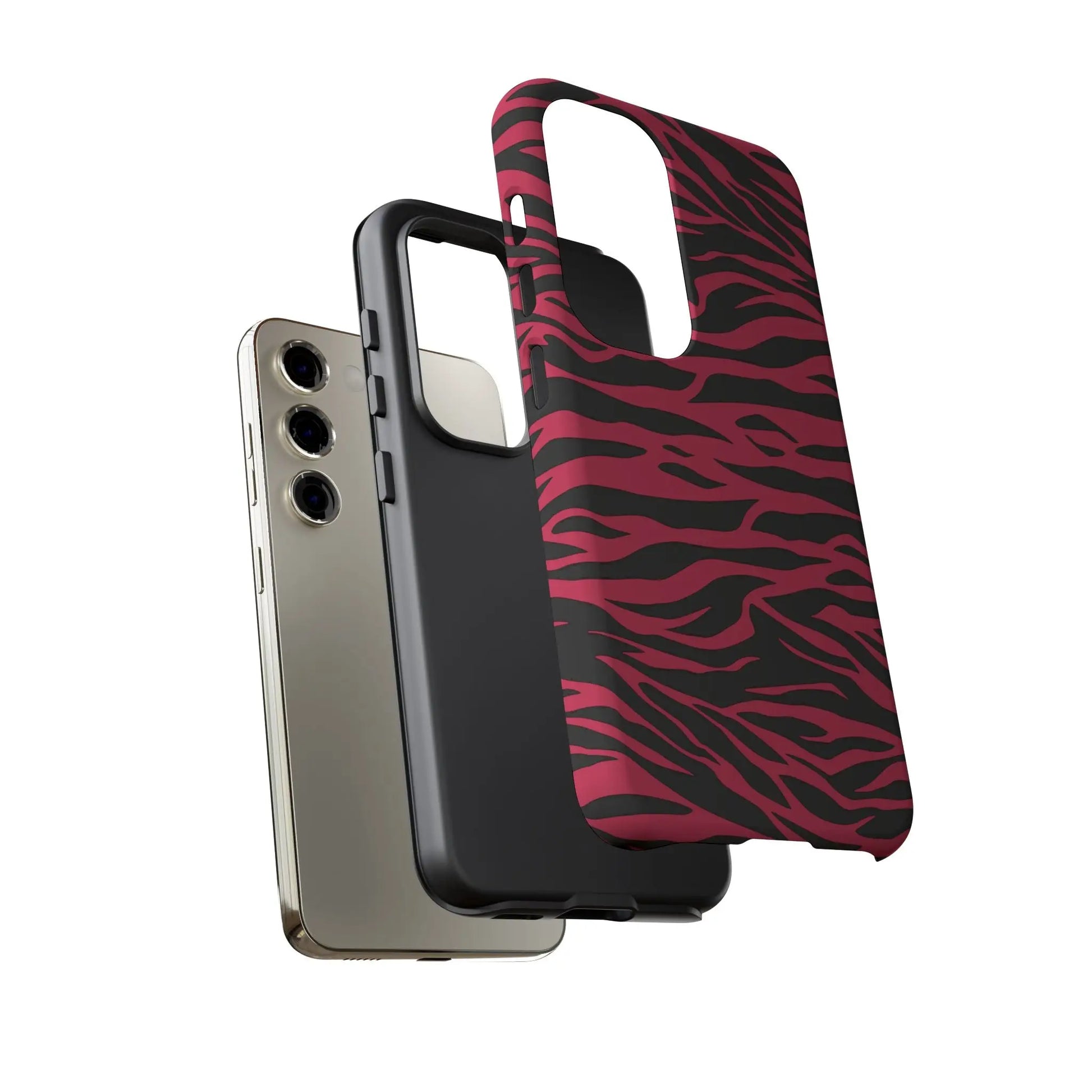 Magenta wild tiger pattern print phone case in vibrant pink and black zebra stripes with a sleek protective design back view