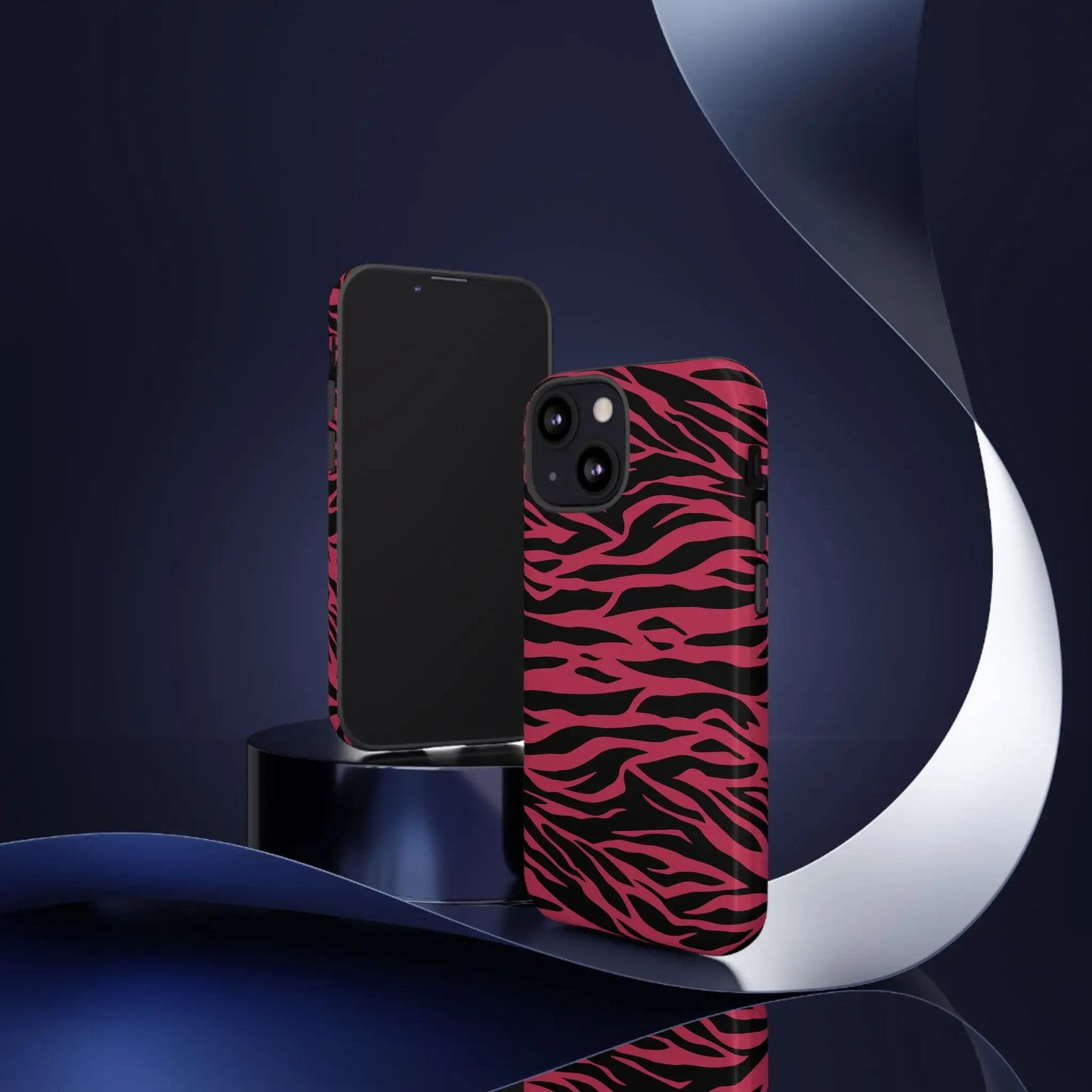 Vibrant magenta wild tiger pattern print phone case with pink and black zebra stripes for iphone 13 back side