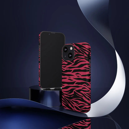 Vibrant magenta wild tiger pattern print phone case with pink and black zebra stripes for iphone 13 back side