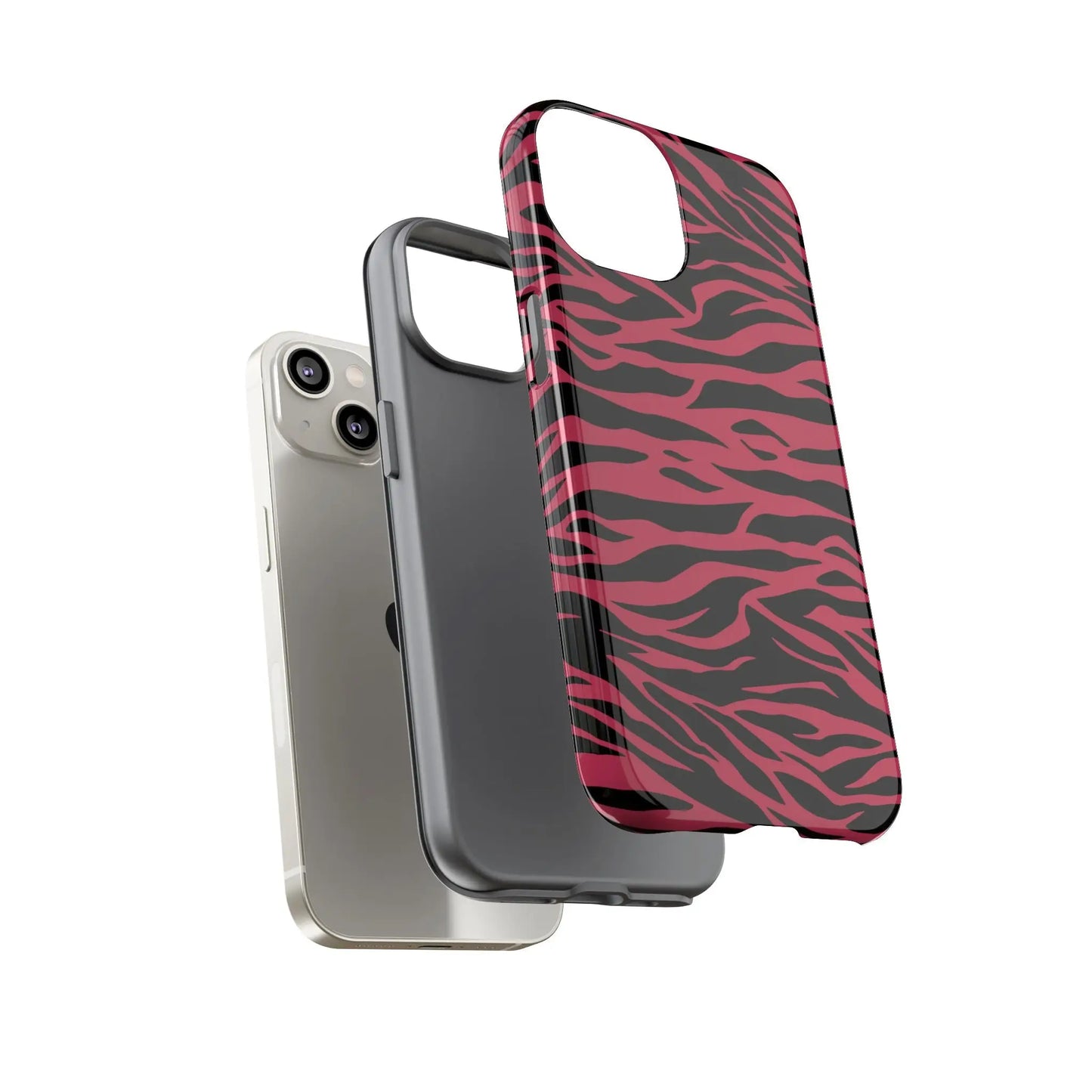 Magenta wild tiger pattern print phone case in pink and black zebra print with glossy finish shown from the back side