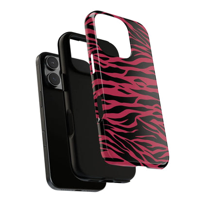 Pink and black glossy iphone 13 pro phone case with magenta wild tiger pattern print on the back side