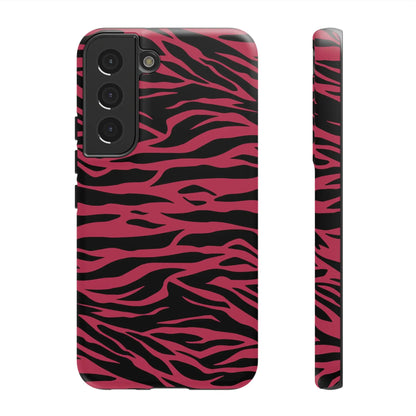 Back side of a vibrant pink and black samsung galaxy s21 phone case with magenta wild tiger pattern print design