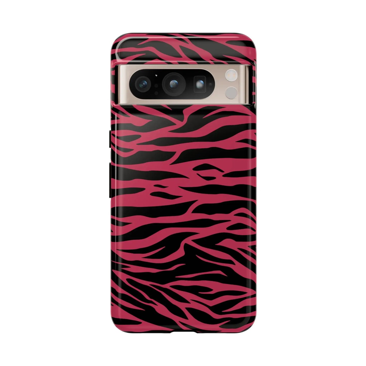Back side of a glossy magenta wild tiger phone case with vibrant pink and black wild tiger pattern print design