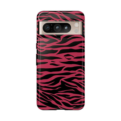 Back side of a glossy magenta wild tiger phone case with vibrant pink and black wild tiger pattern print design