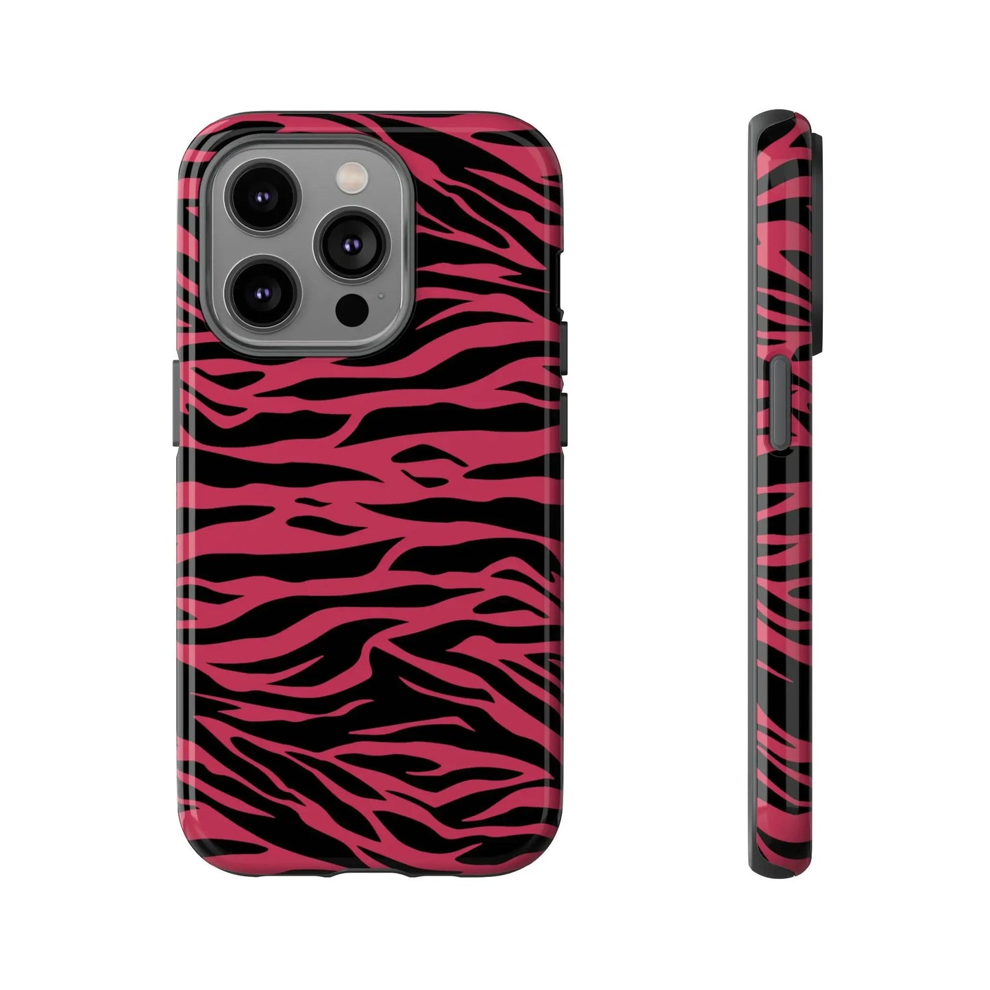 Magenta wild tiger pattern print phone case featuring vibrant pink and black zebra stripes with sleek protective design back view