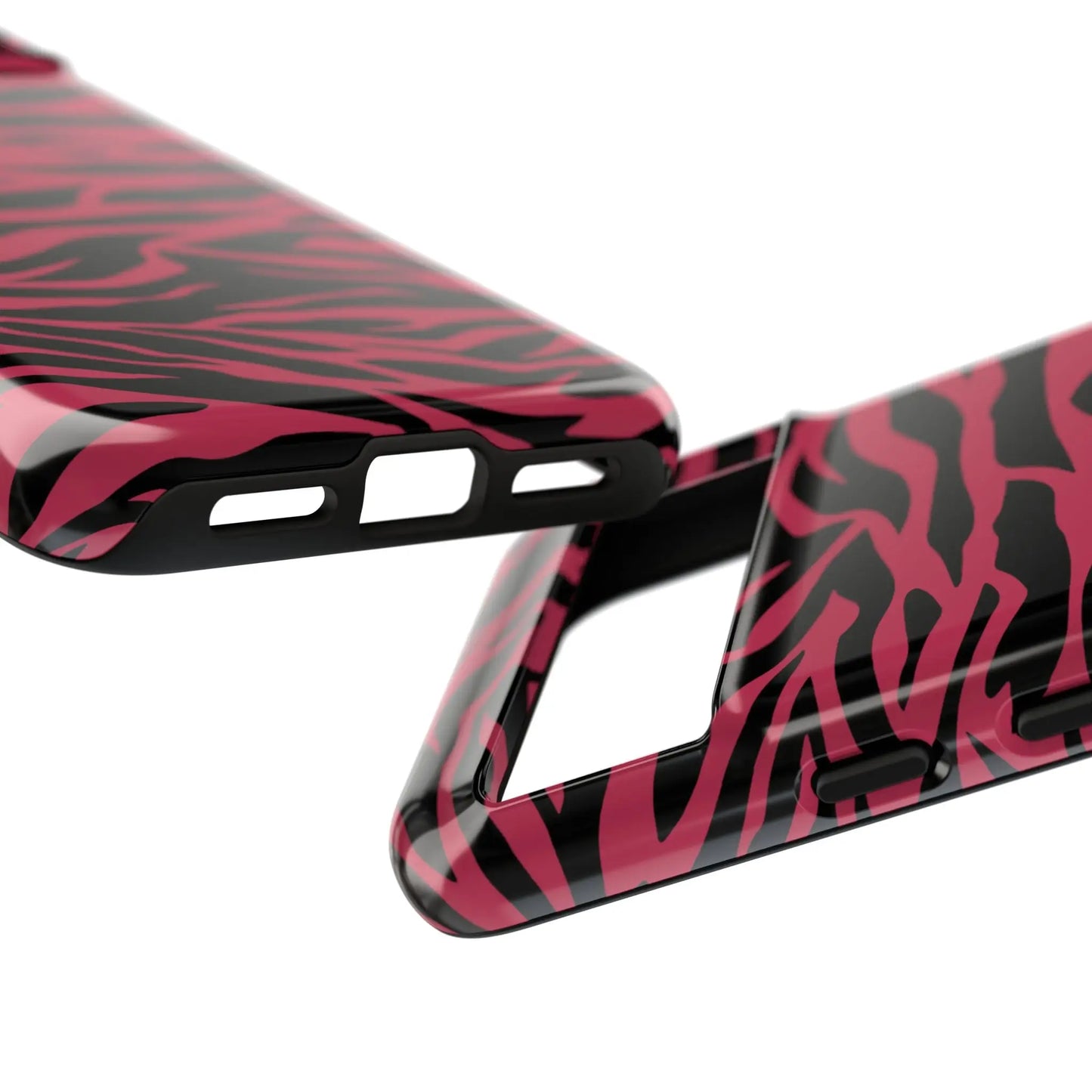 Back side of a glossy magenta wild tiger pattern print phone case with pink and black zebra-print design