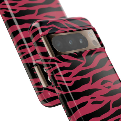 Magenta wild tiger pattern print phone case showing the back side with vibrant pink and black zebra-print glossy finish