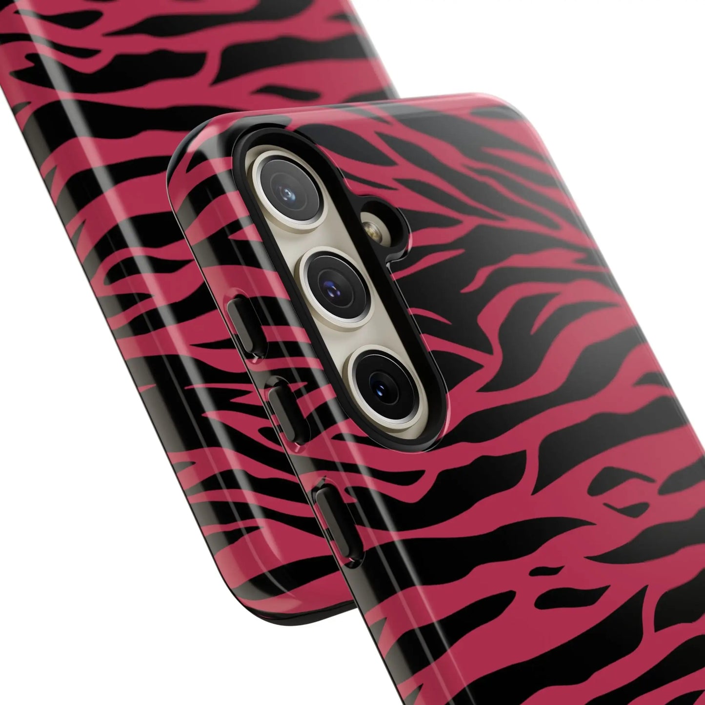 Back side of a magenta wild tiger phone case with a glossy finish featuring a pink and black wild tiger pattern print