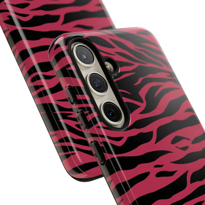 Back side of a magenta wild tiger phone case with a glossy finish featuring a pink and black wild tiger pattern print