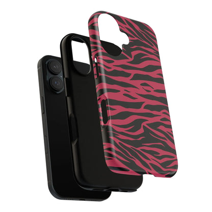 Back side of a magenta wild tiger pattern print phone case with pink and black zebra print and a sleek glossy finish