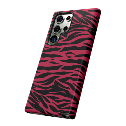 Magenta wild tiger pattern print phone case with vibrant pink and black zebra stripes and a glossy finish back view