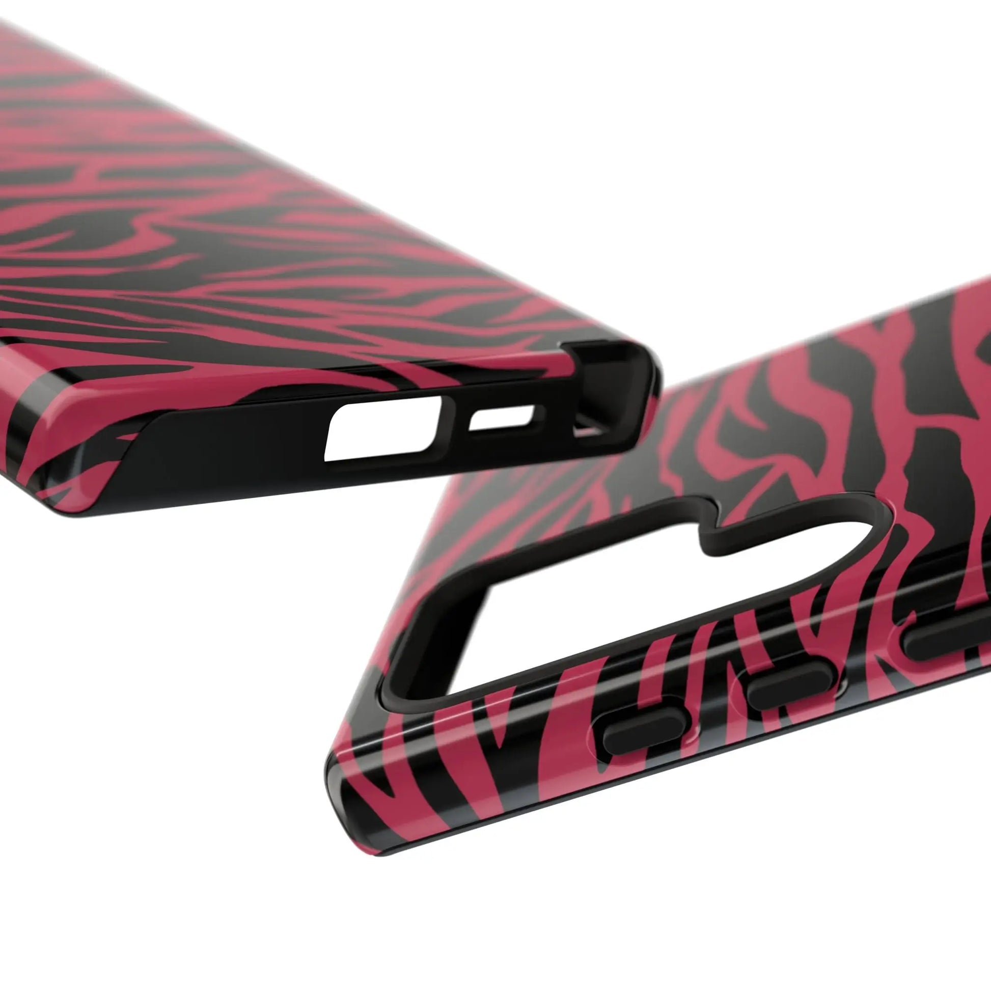 Magenta wild tiger pattern print phone case with glossy finish showing pink and black zebra-print design on back side