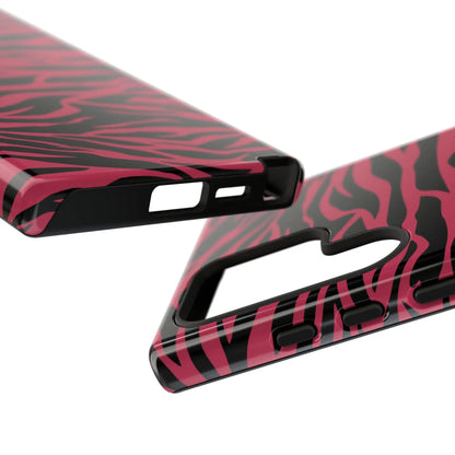 Magenta wild tiger pattern print phone case with glossy finish showing pink and black zebra-print design on back side