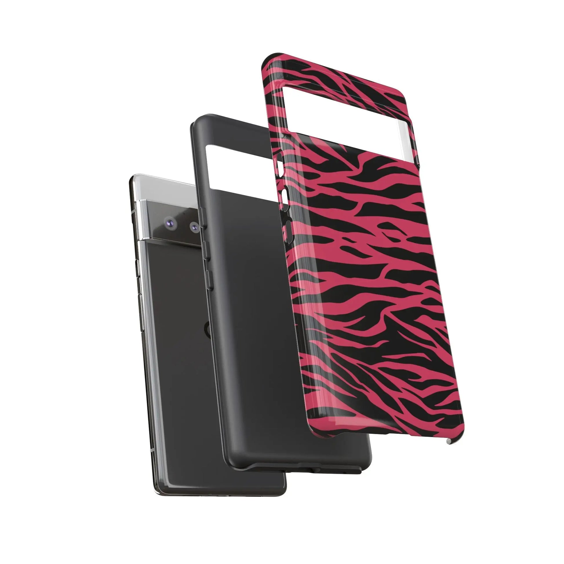 Magenta wild tiger pattern print phone case in pink and black zebra print shown from the back side