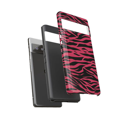 Magenta wild tiger pattern print phone case in pink and black zebra print shown from the back side