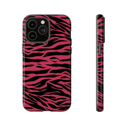 Magenta wild tiger pattern print phone case with vibrant pink and black zebra stripes and sleek protective design back side
