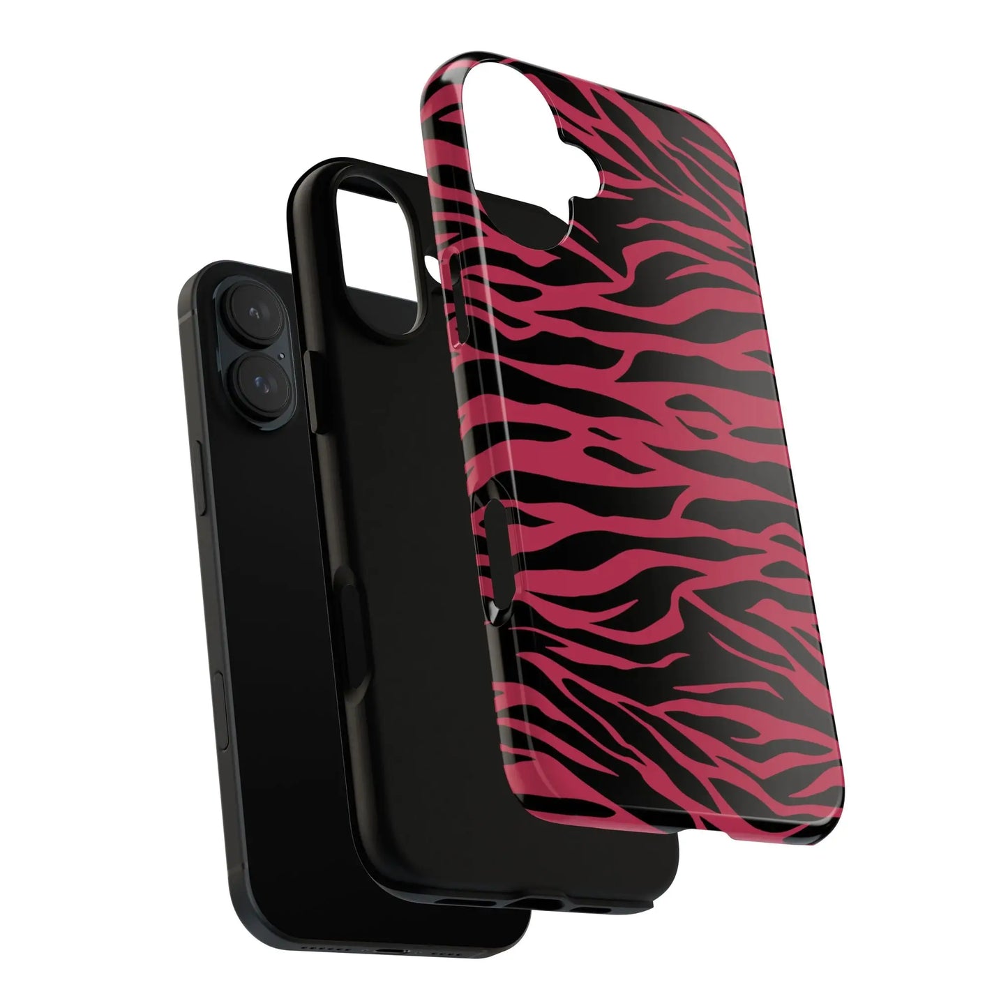 Back side of a glossy magenta wild tiger pattern print phone case with pink and black zebra print design