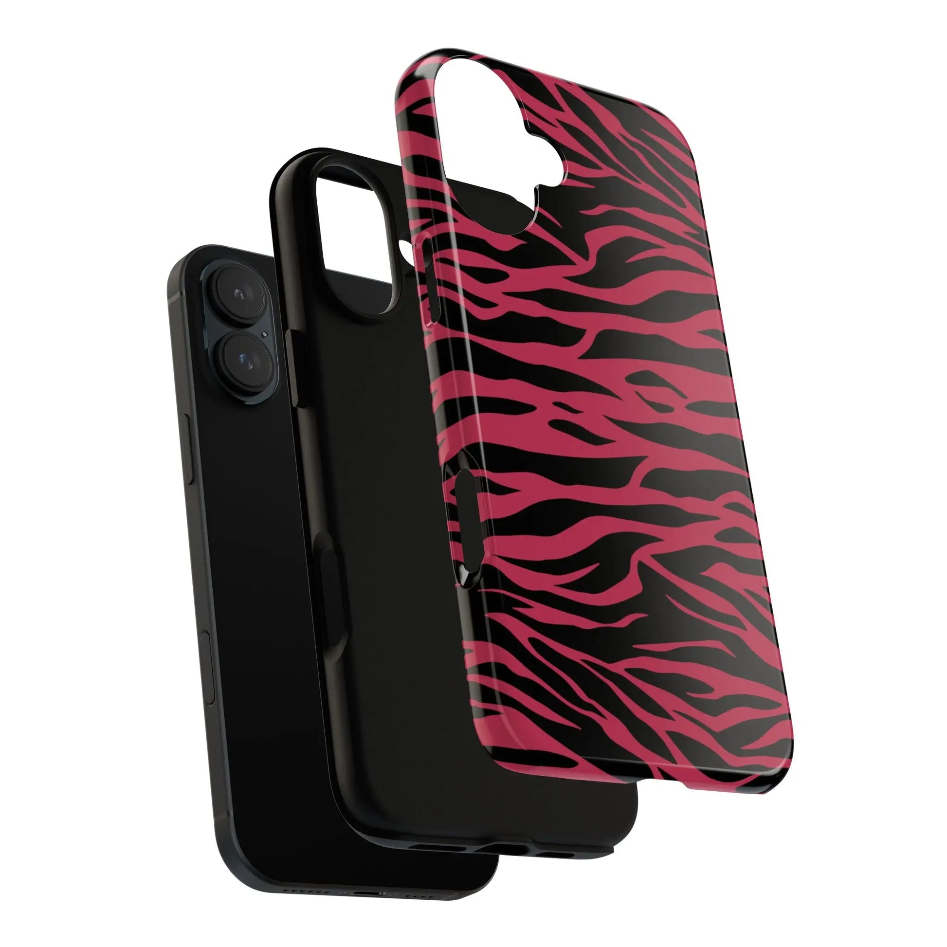 Back side of a glossy magenta wild tiger pattern print phone case with pink and black zebra print design