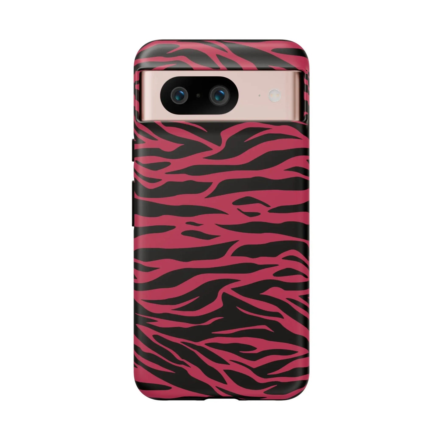 Magenta wild tiger phone case with a vibrant pink and black wild tiger pattern print and sleek protective design back view