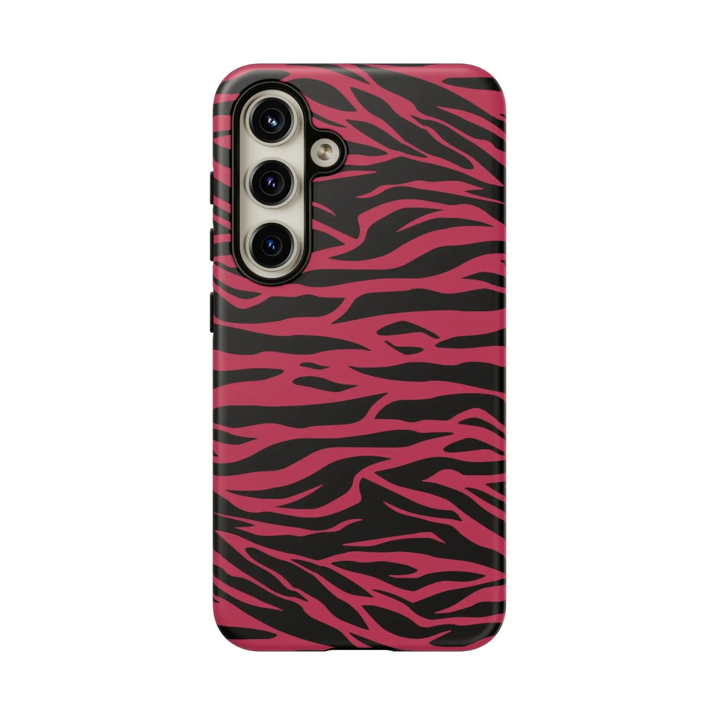 Back of a vibrant pink and black phone case with magenta wild tiger pattern print and glossy finish