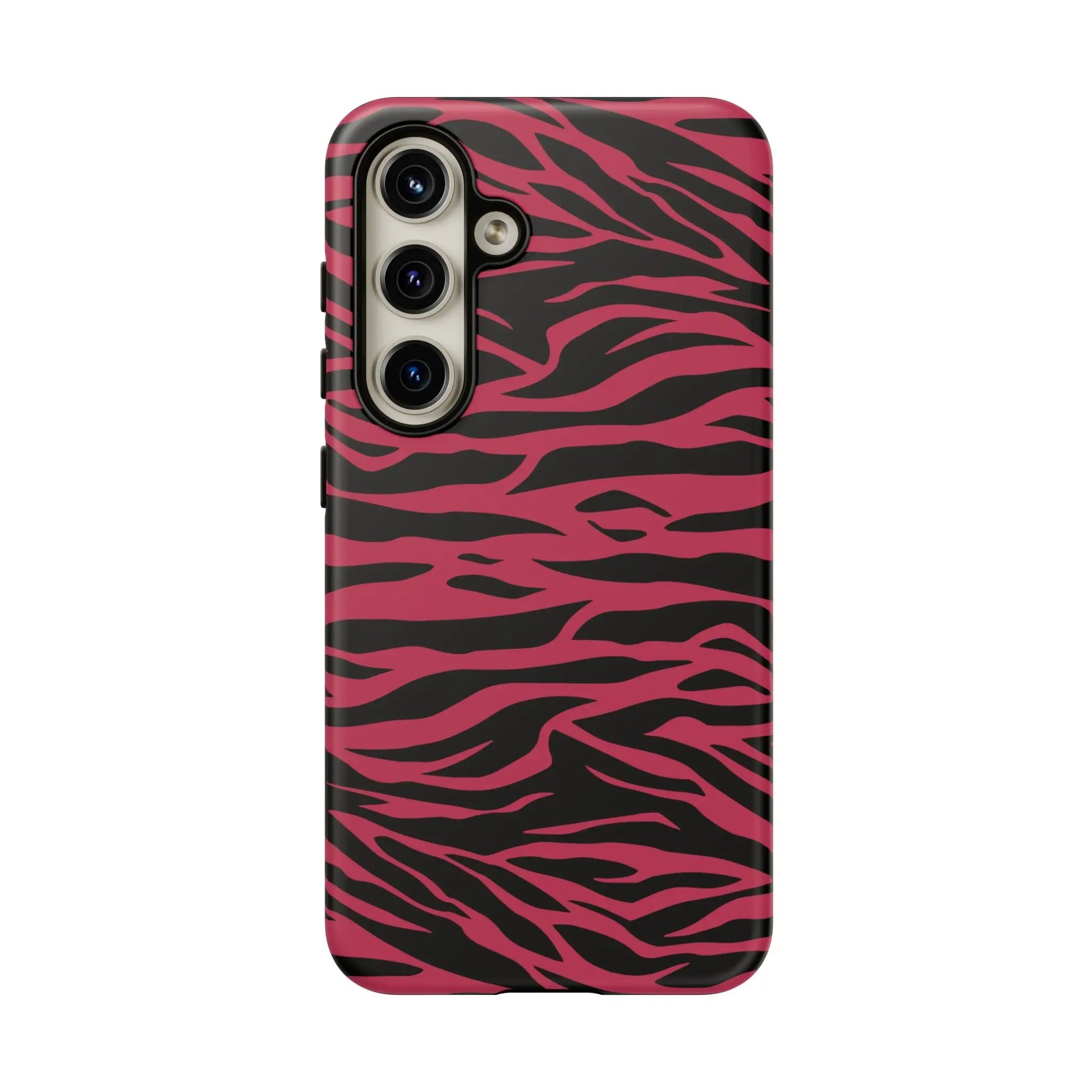 Back of a vibrant pink and black phone case with magenta wild tiger pattern print and glossy finish