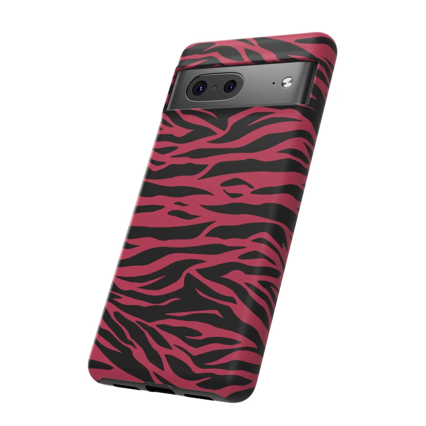 Magenta wild tiger pattern print phone case showing the back side with vibrant pink and black glossy zebra stripes