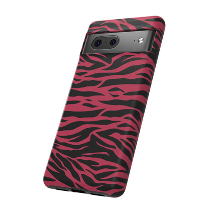 Magenta wild tiger pattern print phone case showing the back side with vibrant pink and black glossy zebra stripes