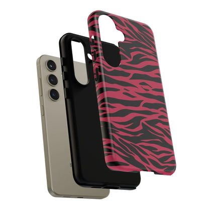Magenta wild tiger pattern print phone case with glossy finish featuring pink and black zebra-print design back side