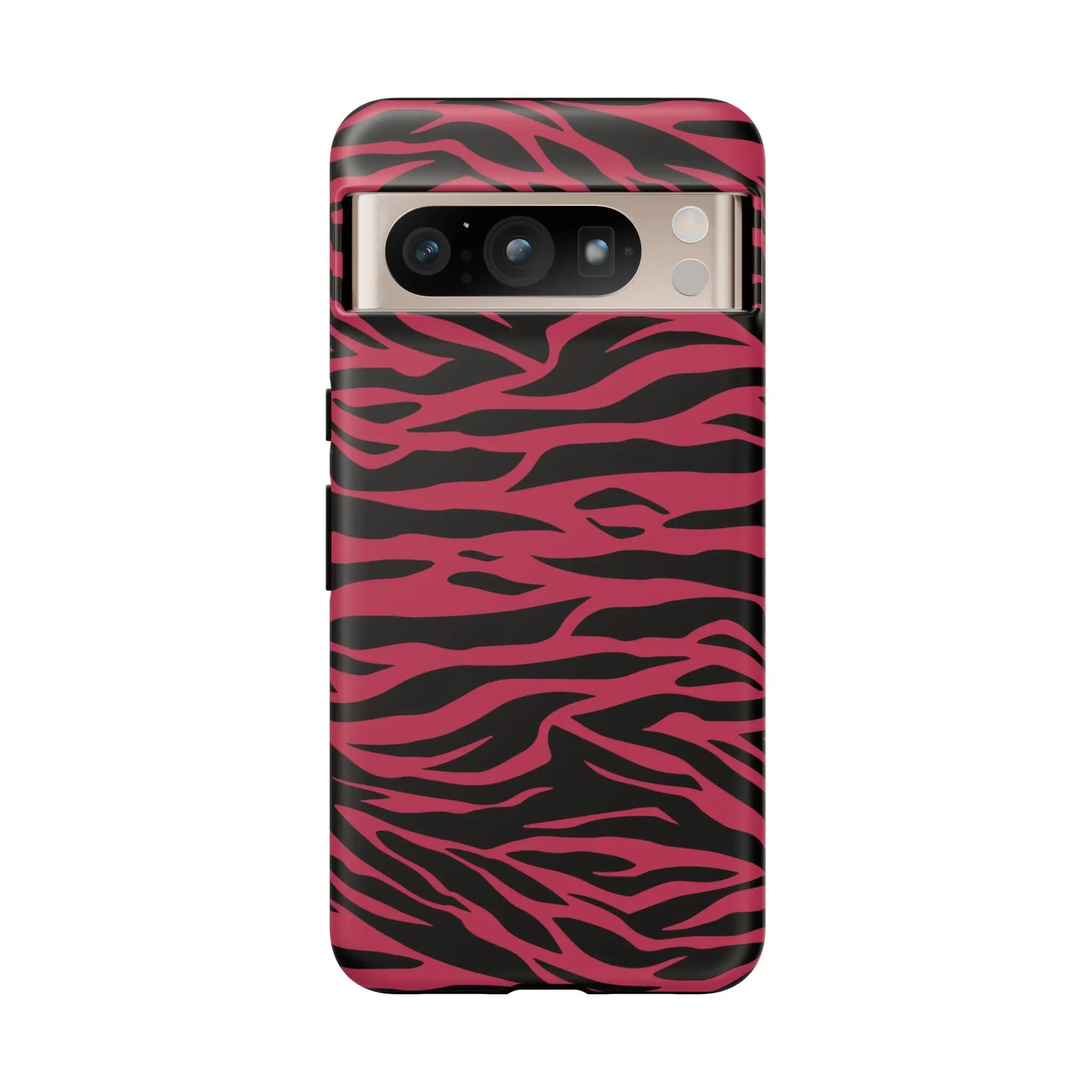 Magenta wild tiger phone case with vibrant pink and black wild tiger pattern print and sleek protective design back view