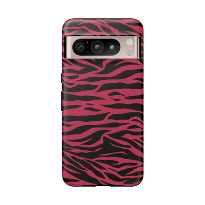 Magenta wild tiger phone case with vibrant pink and black wild tiger pattern print and sleek protective design back view