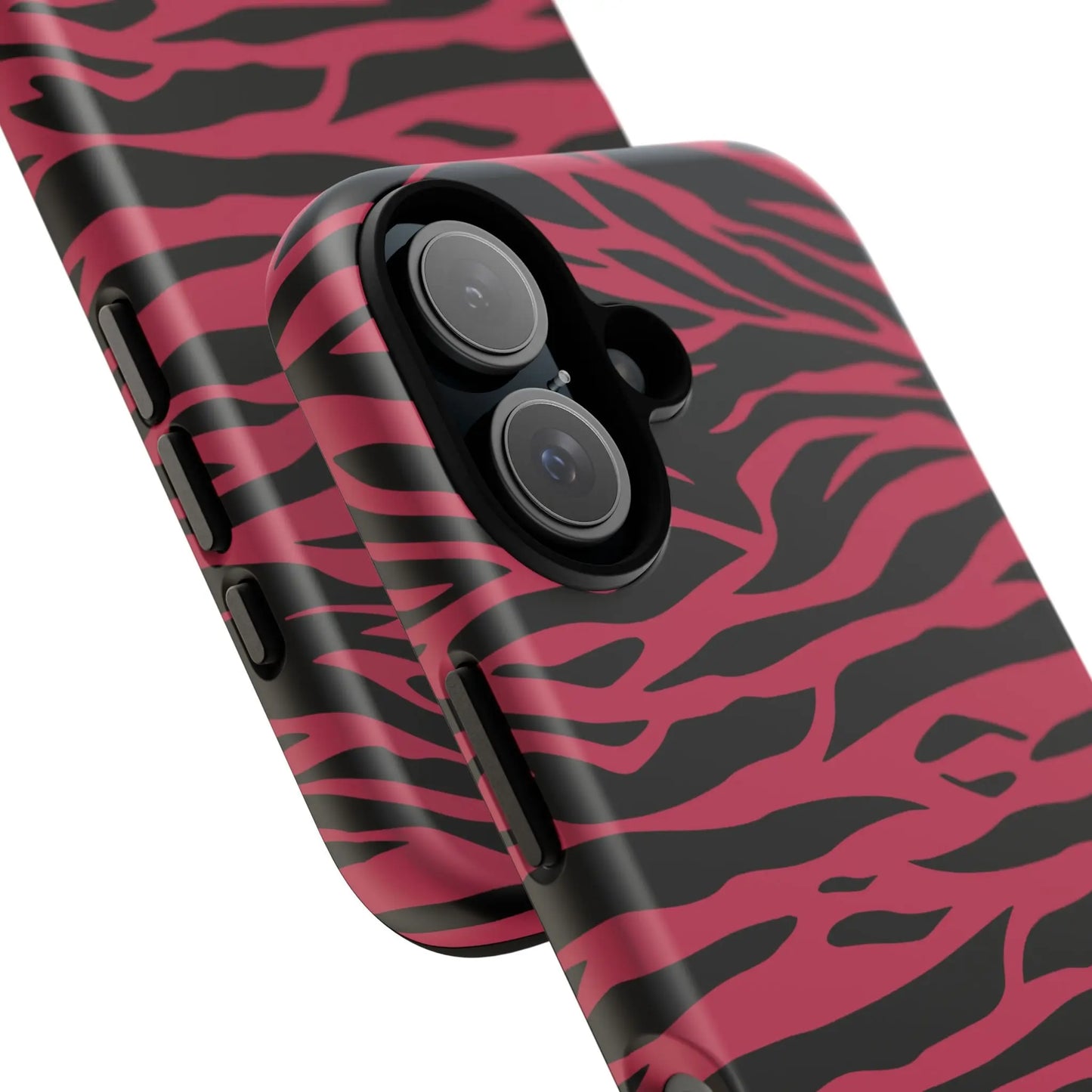Magenta wild tiger pattern print phone case with vibrant pink and black zebra stripes and glossy finish shown from the back side
