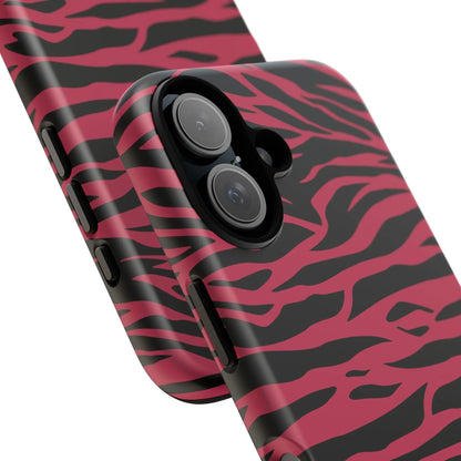 Magenta wild tiger pattern print phone case with vibrant pink and black zebra stripes and glossy finish shown from the back side