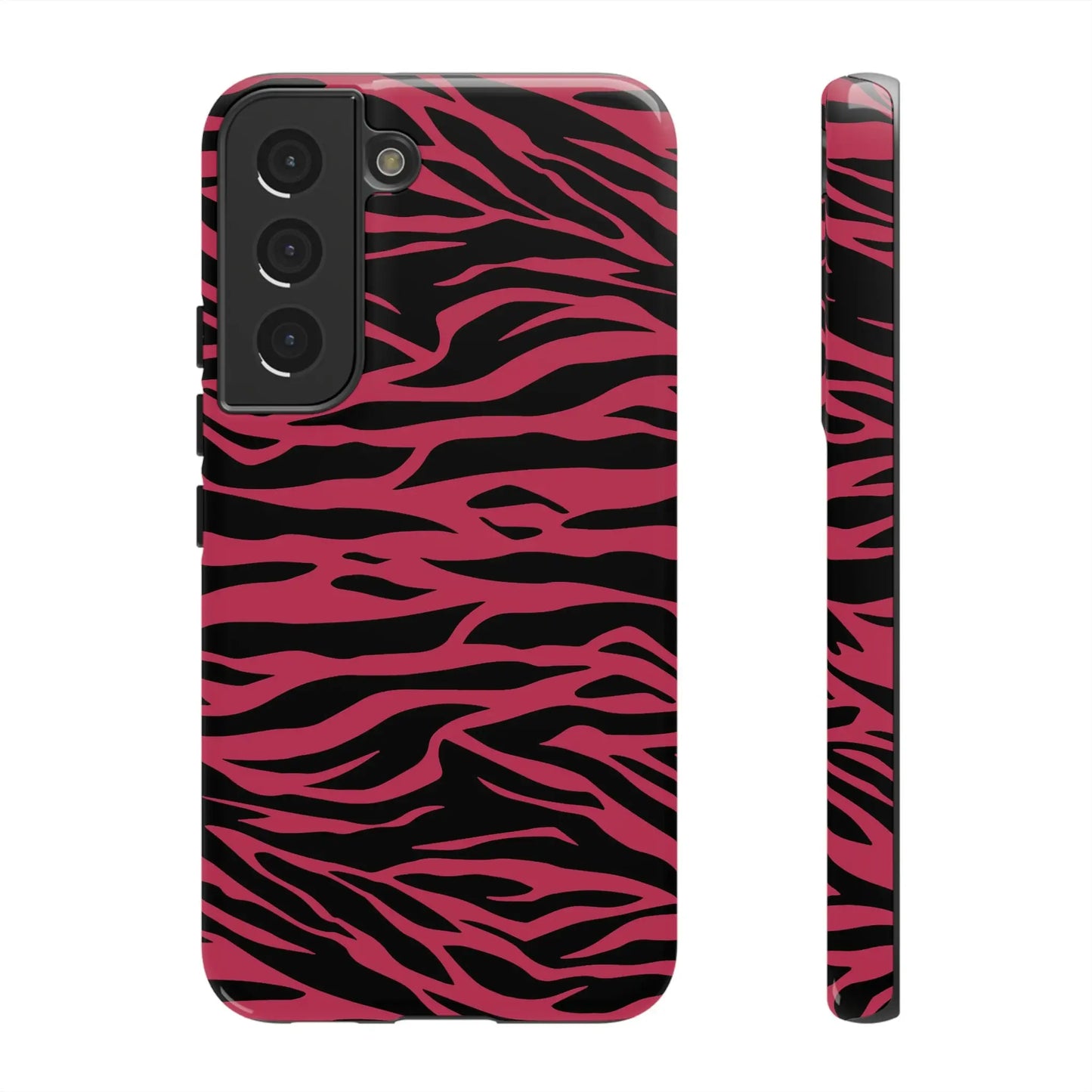 Back side of a vibrant magenta wild tiger pattern print phone case for samsung galaxy s21 with pink and black zebra stripes