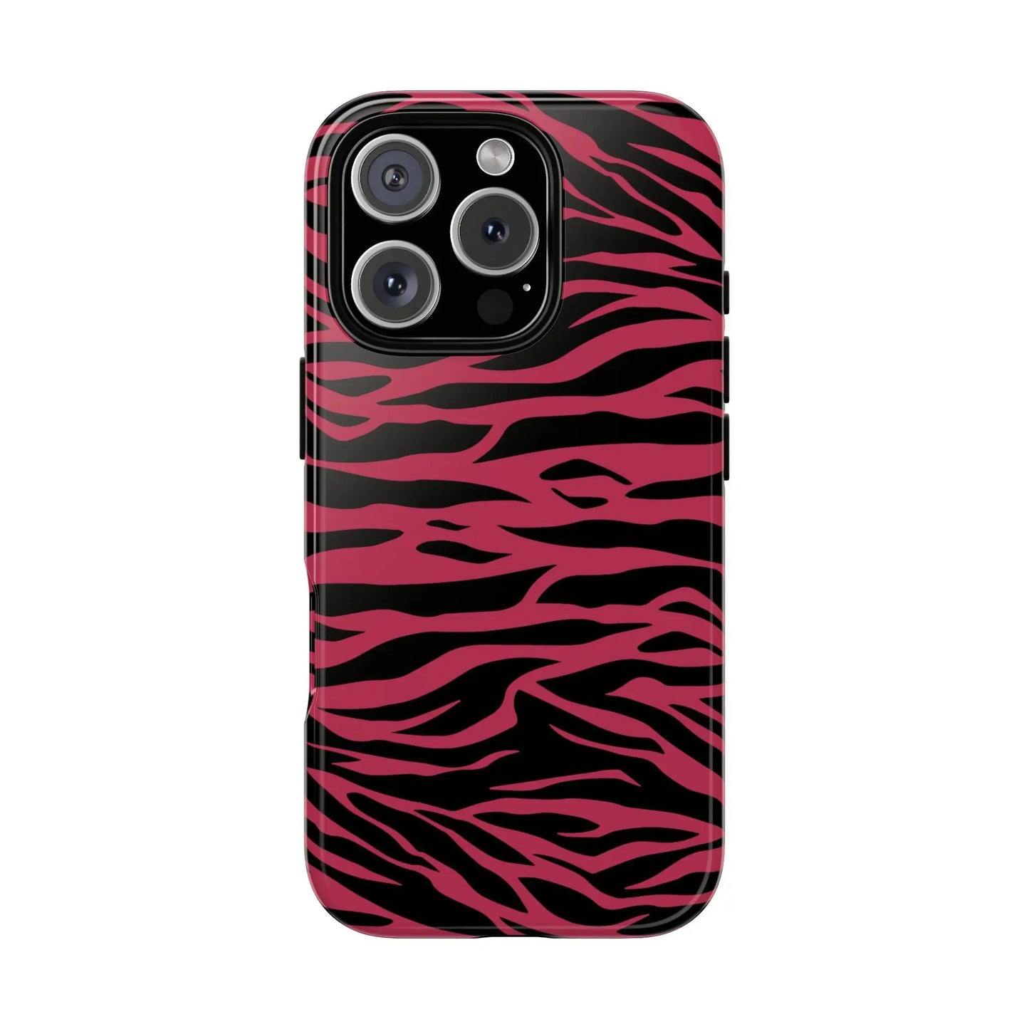 Back of a glossy magenta wild tiger pattern print phone case with vibrant pink and black stripes for iphone 13 pro
