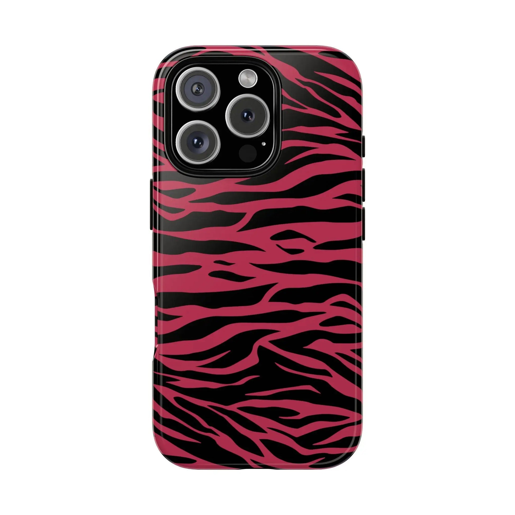Back of a glossy magenta wild tiger pattern print phone case with vibrant pink and black stripes for iphone 13 pro