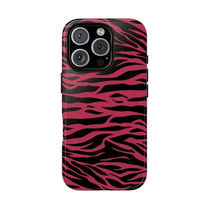 Back of a glossy magenta wild tiger pattern print phone case with vibrant pink and black stripes for iphone 13 pro