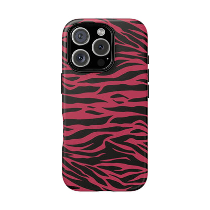 Magenta wild tiger phone case showing back side with pink and black wild tiger pattern print design