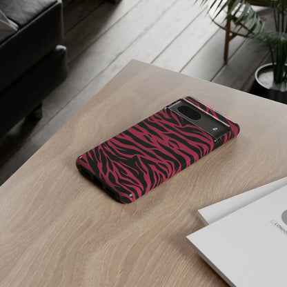 Magenta wild tiger phone case showing the back with vibrant pink and black wild tiger pattern print and sleek protective design