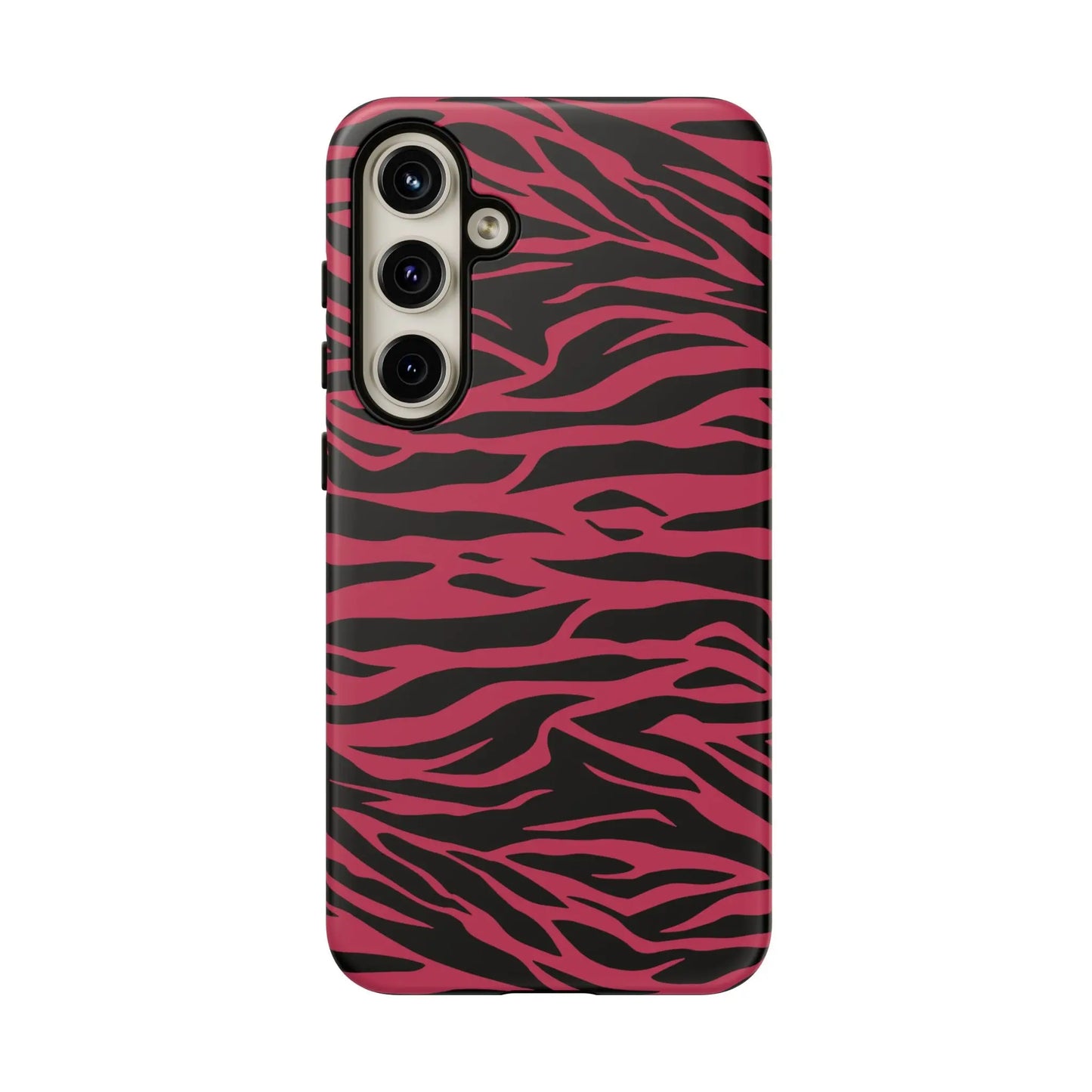 Back view of a vibrant magenta wild tiger pattern print phone case for samsung galaxy s23 series with pink and black tiger pattern