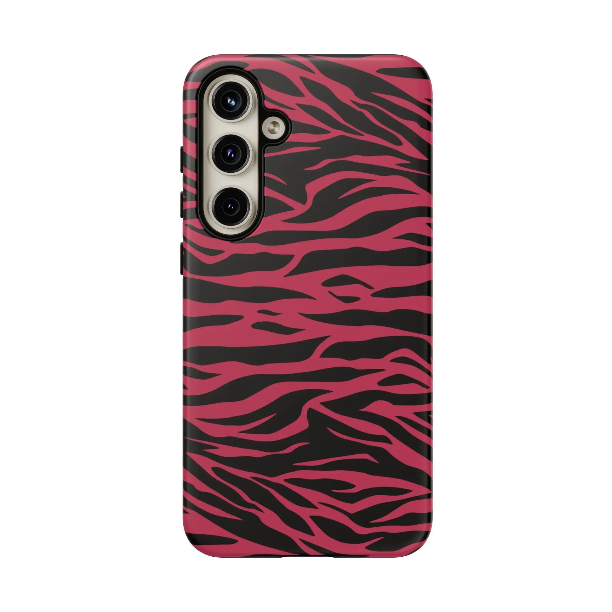Back view of a vibrant magenta wild tiger pattern print phone case for samsung galaxy s23 series with pink and black tiger pattern