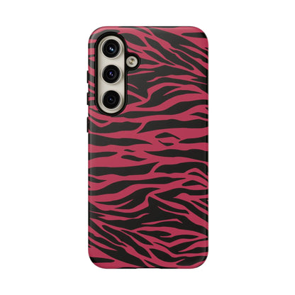 Back view of a vibrant magenta wild tiger pattern print phone case for samsung galaxy s23 series with pink and black tiger pattern